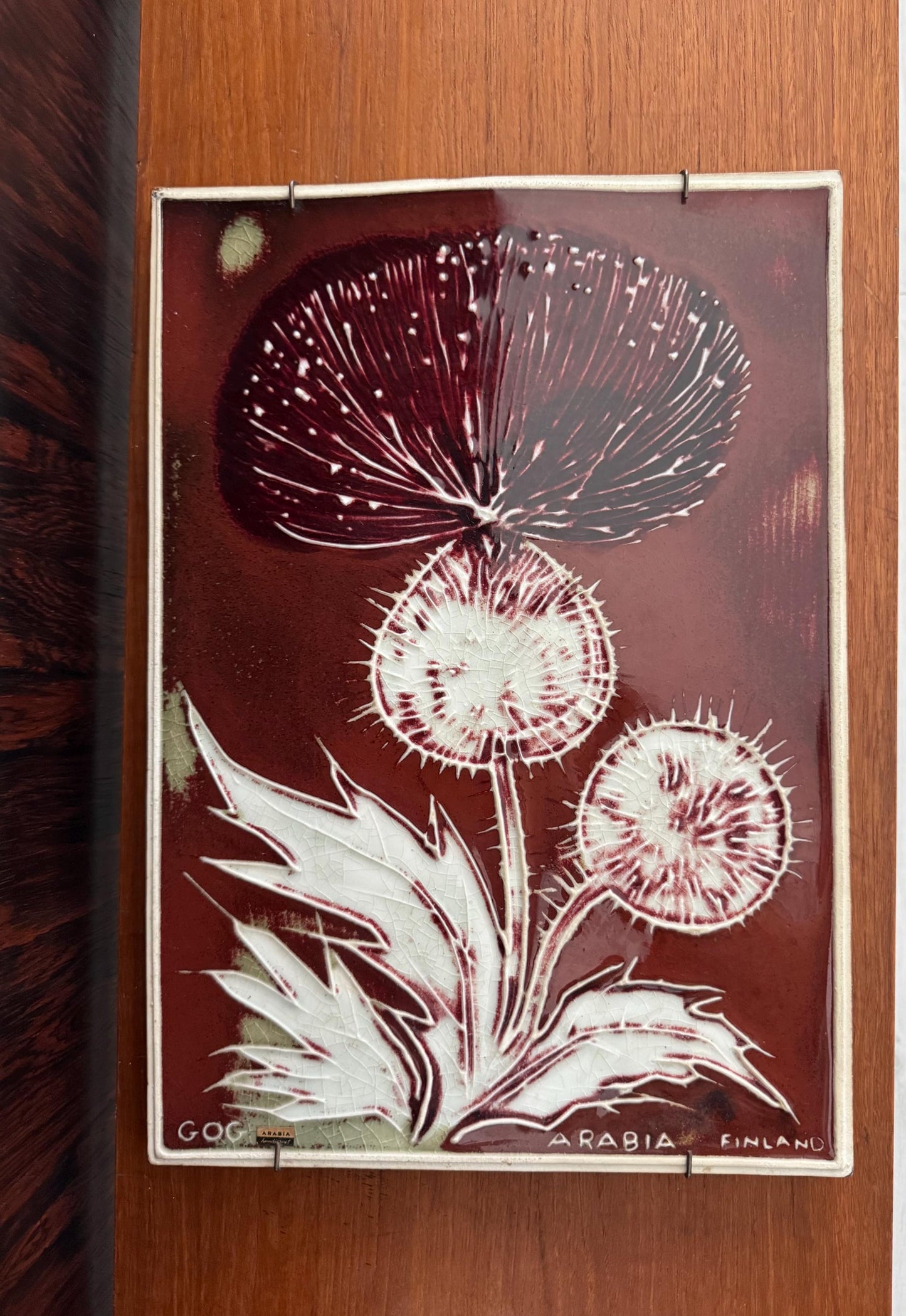 A absolutely beautiful and rare vintage Arabia Finland ceramic art plaque with flowers by Gog (Gunvor Olin-Gronqvist),1960