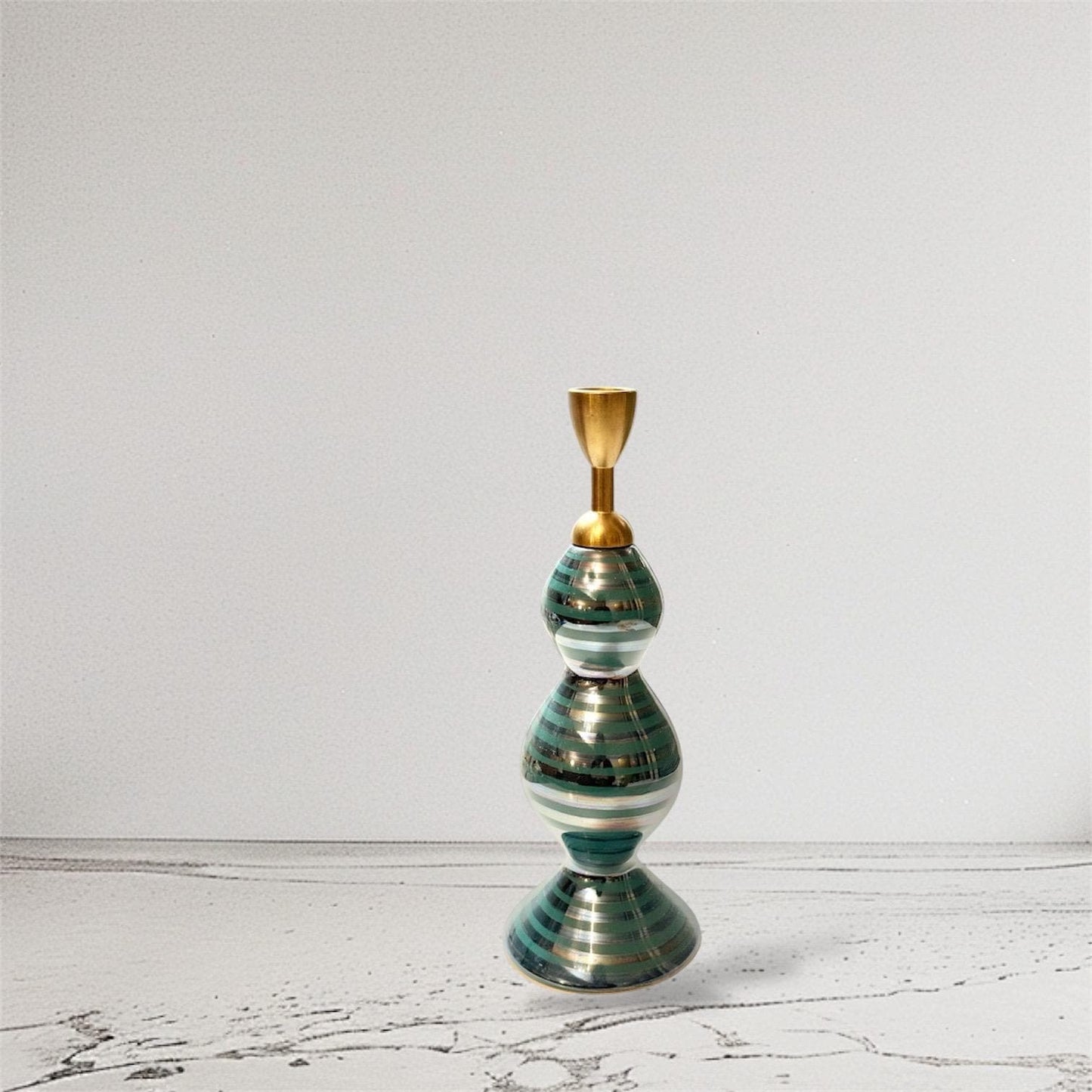 Vintage Zeebra Finland Striped Ceramic & Brass Candle Holder – 1980s