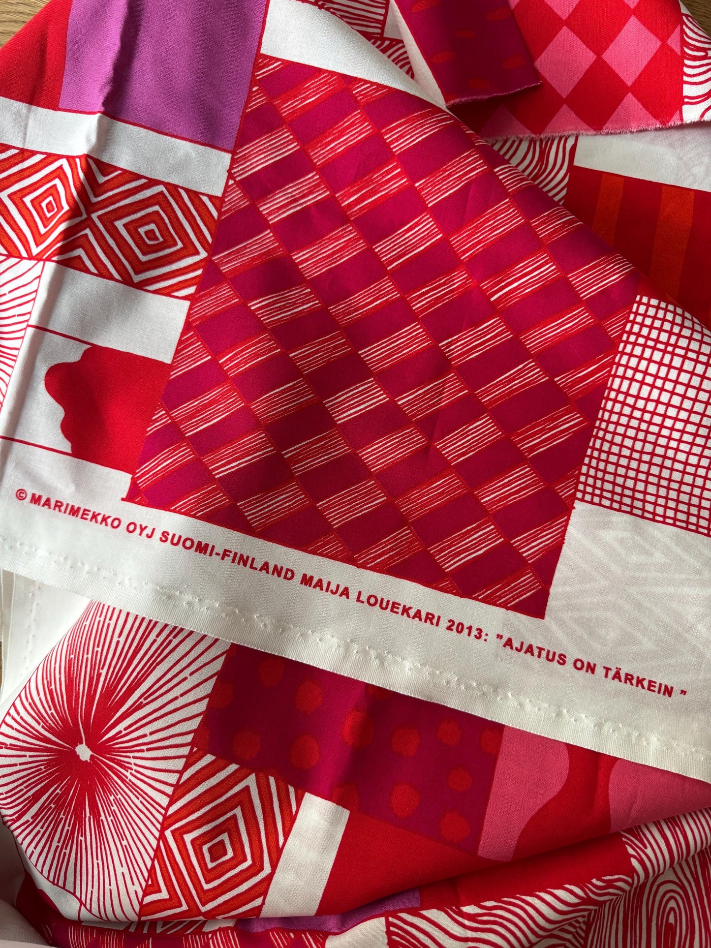 Marimekko fabric/curtain/table cloth designed by Maija Louekari named “Ajatus on Tärkein” in Englis ”The thought is the most important”