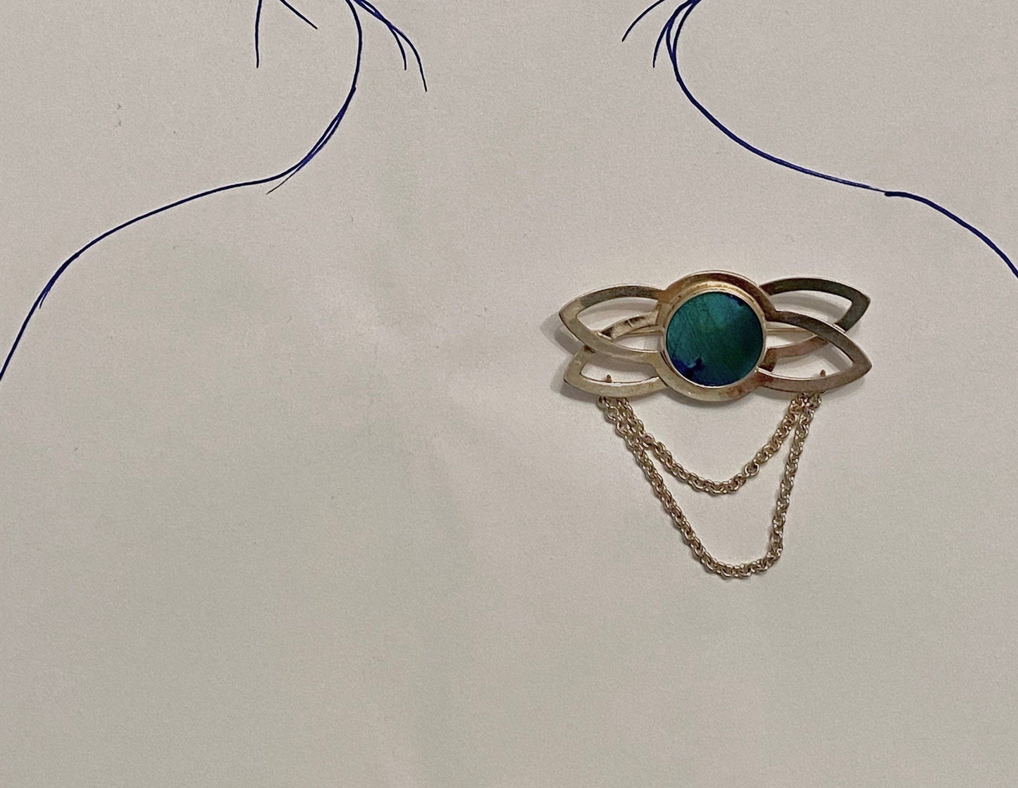 Vintage modernist silver brooch with spectrolite by Kalevi Sara for Salovaara Made in Finland , 1986