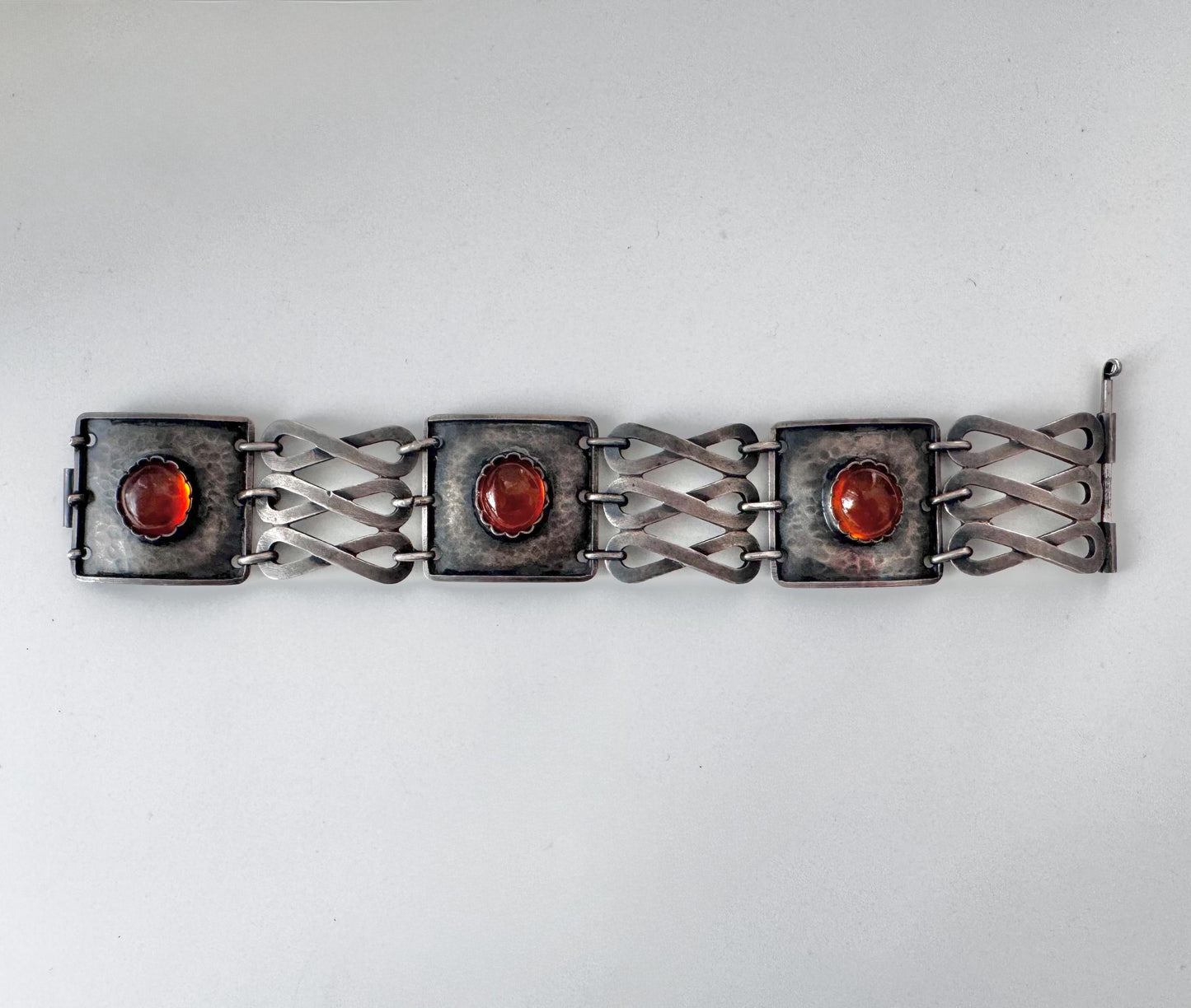 A rare and stunning statement modernist 800 silver and amber bracelet made by Orno in Poland.