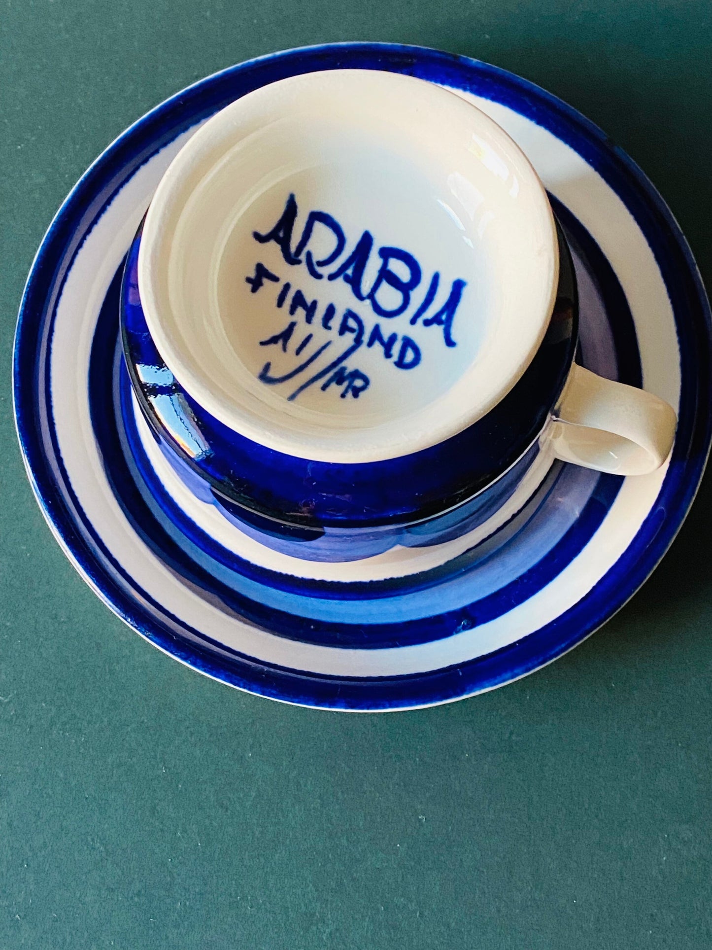 RARE- Hand painted vintage Arabia Finland “Paju” tea cup set include cup and saucer designed by Anja Jaatinen-Winquist, 1970s