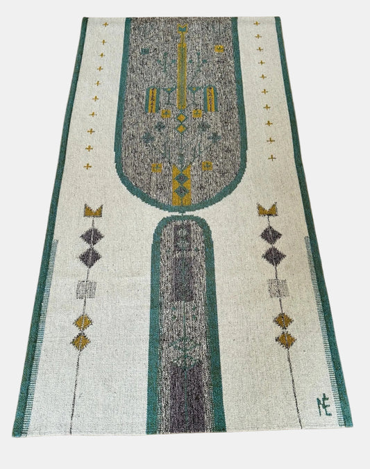 A wonderful Mid Century Modern Scandinavian style flat weave tapestry by textile artist Éva Németh, 1960s