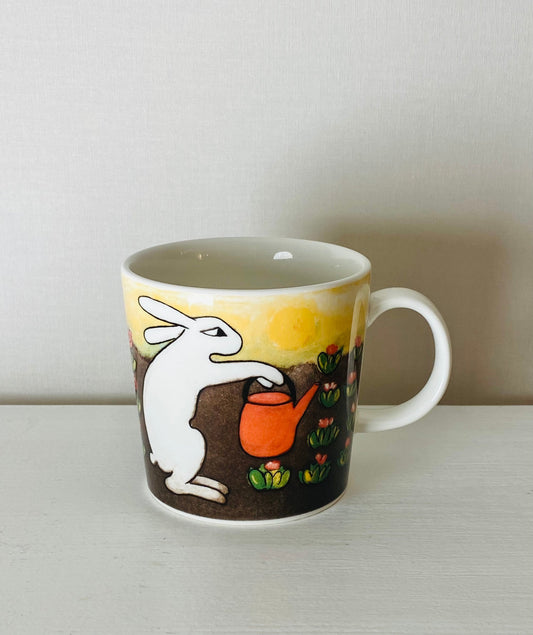 Vintage Arabia Finland ceramic mug named “Gardener Bunnies” designed by Heljä Liukko-Sundström, 2008-2009, Made in Finland