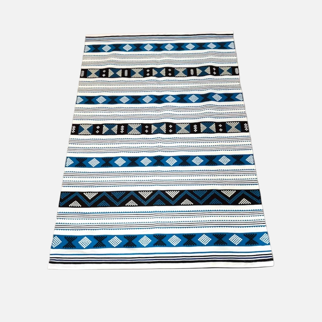 Excellent waving/Bright and geometric patterns Mid Century Modern Vintage Finnish woolen Rug (Raanu),handmade in Finland in 1970