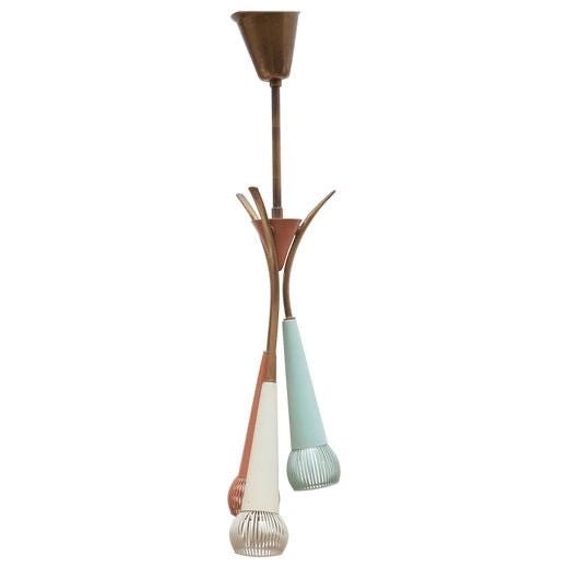 A absolutely adorable mid-century Tricolor Stilnovo sputnik lamp with color of mint green, white, and pink hues, 1950s, made in Italy
