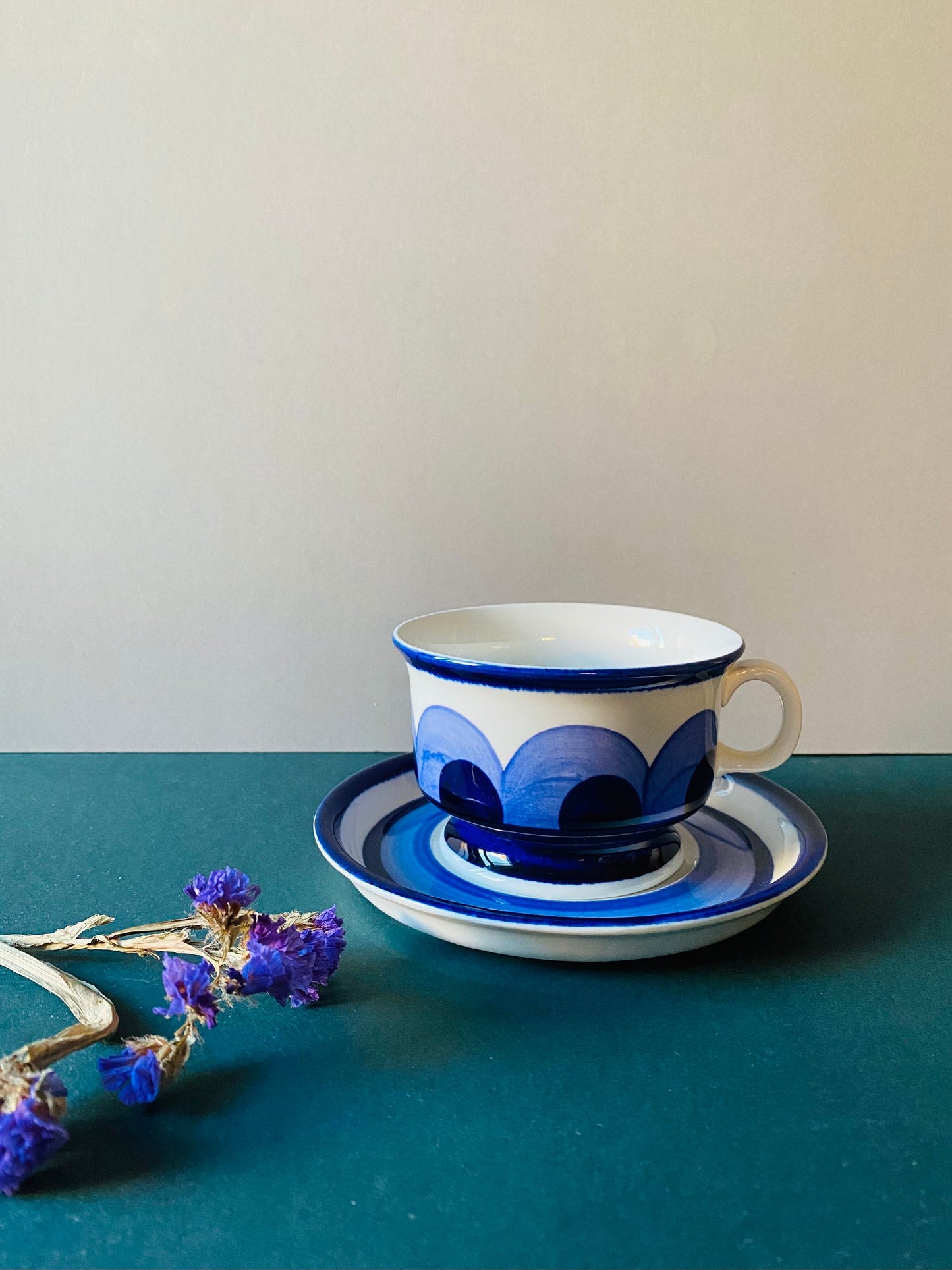 RARE- Hand painted vintage Arabia Finland “Paju” tea cup set include cup and saucer designed by Anja Jaatinen-Winquist, 1970s