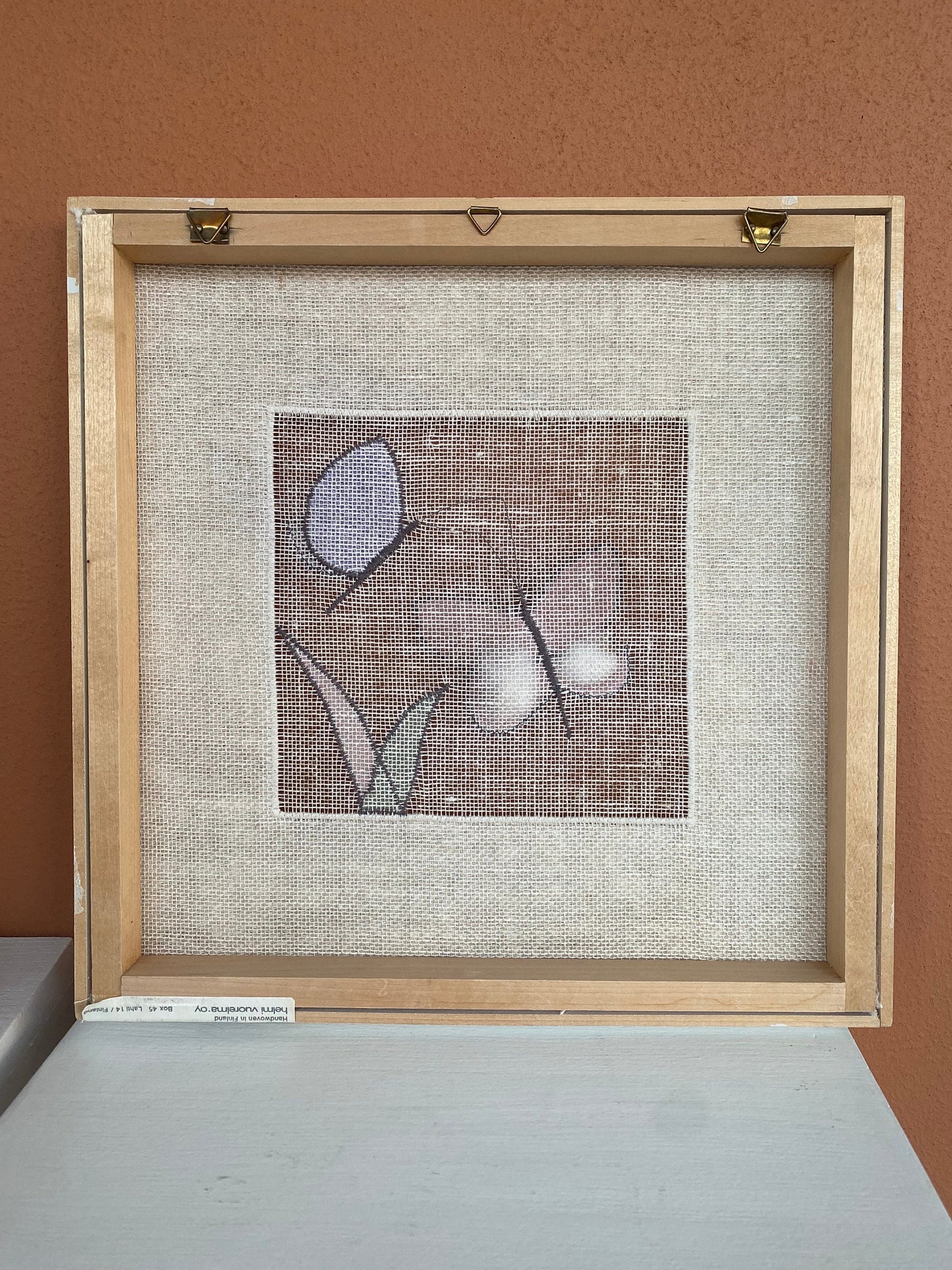 Vintage Helmi Vuorelma Hand Woven Linen art textile with wood frame