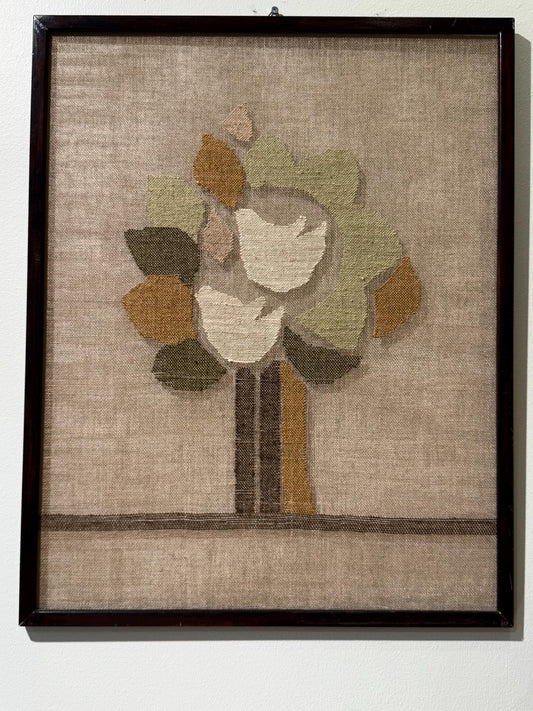 A wonderful joyful framed vintage Finnish handmade linen transparent textile decor with bird. Made in Finland