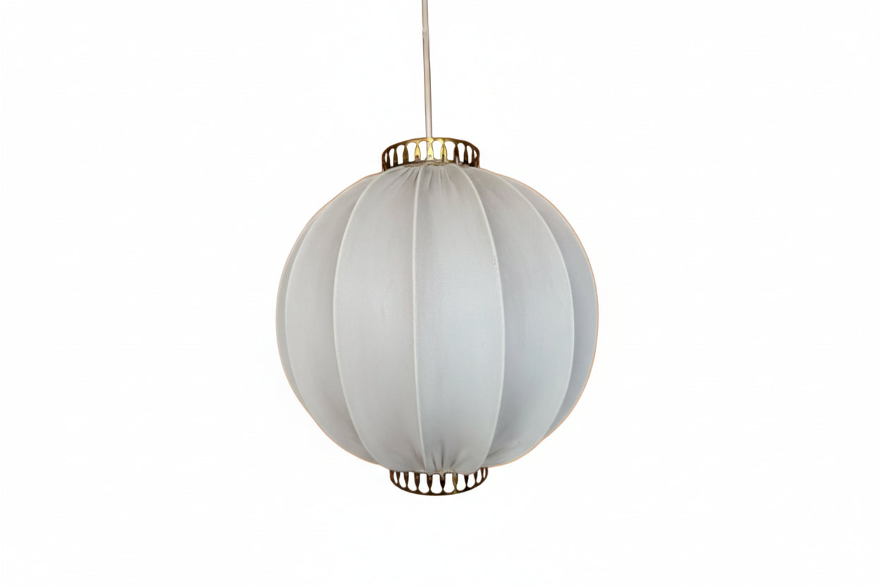 An elegant ceiling lamp with textile and brass, the style of Josef Frank Kinabollen. Swedish Modern, 1950s