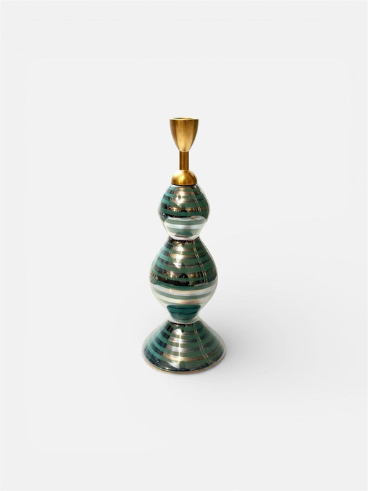 Vintage Zeebra Finland Striped Ceramic & Brass Candle Holder – 1980s