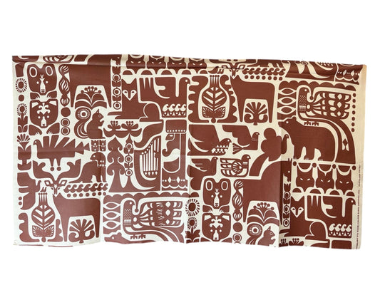 A fabulous cotton with wax table cloth with forest pattern Marimekko fabric named “Kanteleen kutsu” designed by Sanna Annukka