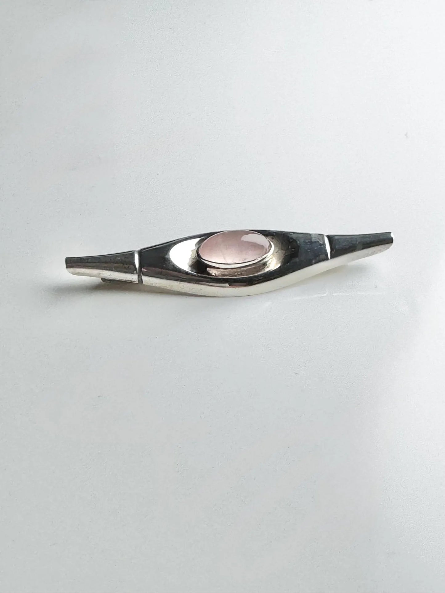 Elis Kauppi Modernist Sterling Silver & Rose Quartz Brooch, 1960 — Kupittaan Kulta Oy, Made in Finland