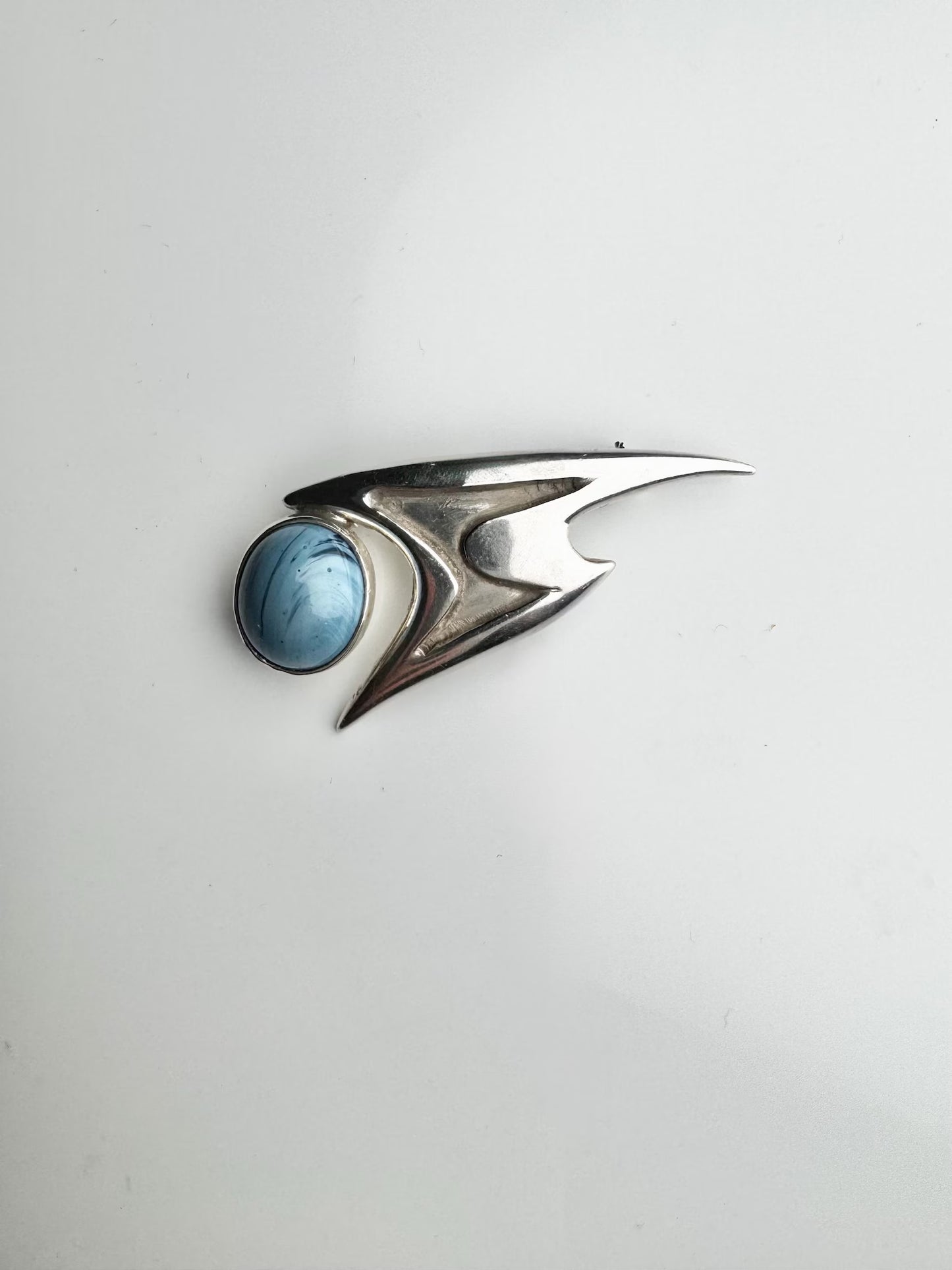 Modernist Abstract Sterling Silver & Blue Bergslagen Stone Brooch, 1959 — Made in Sweden