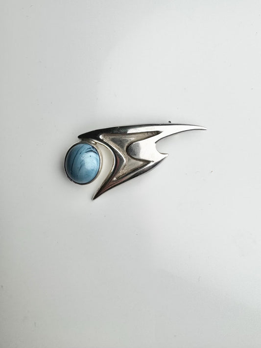 Modernist Abstract Sterling Silver & Blue Bergslagen Stone Brooch, 1959 — Made in Sweden