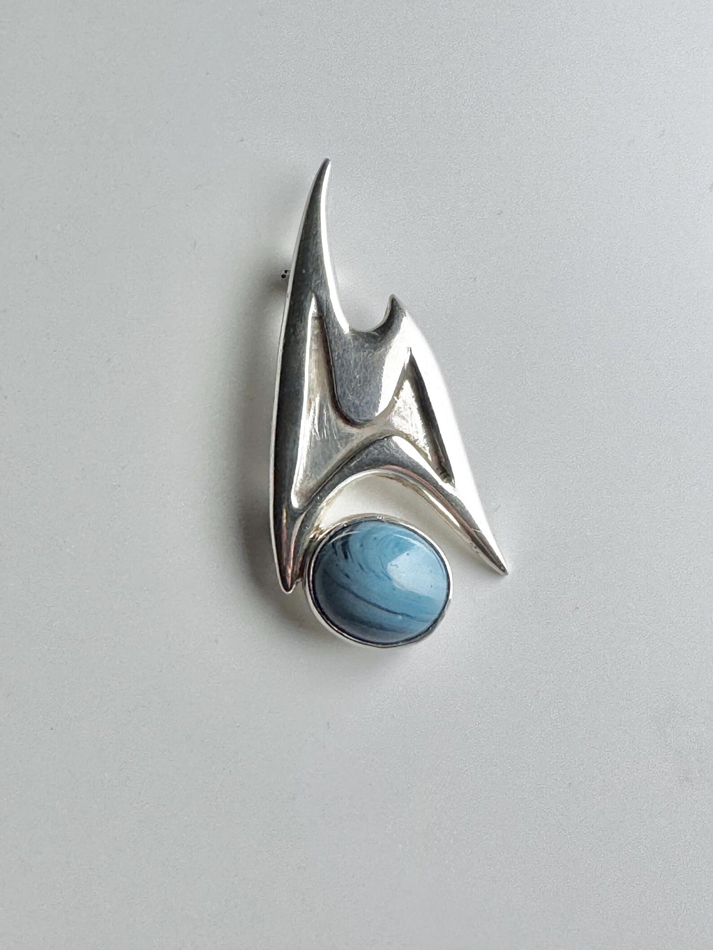 Modernist Abstract Sterling Silver & Blue Bergslagen Stone Brooch, 1959 — Made in Sweden