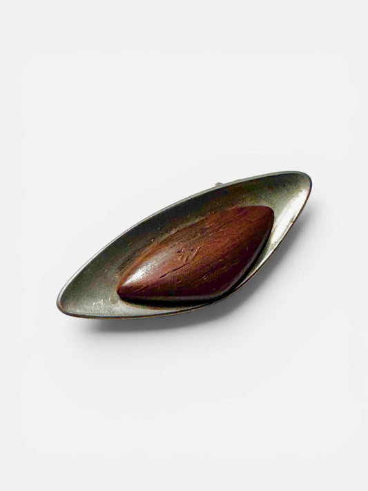V. Hlindman Handmade Hardwood & Metal Brooch, 1950s — Signed, Made in Finland