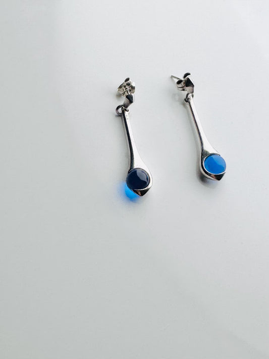 Kalevala Koru "Meri Dangle" Sterling Silver & Blue Quartz Earrings, 1960s — Original Box, Made in Finland