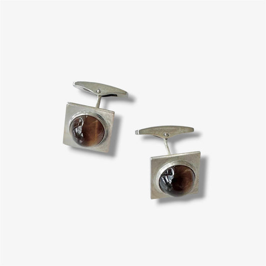 Kalevala Vintage Modernist Sterling Silver Cufflinks with Tiger Eye Stones by Rauno Mättö Oma, 1961