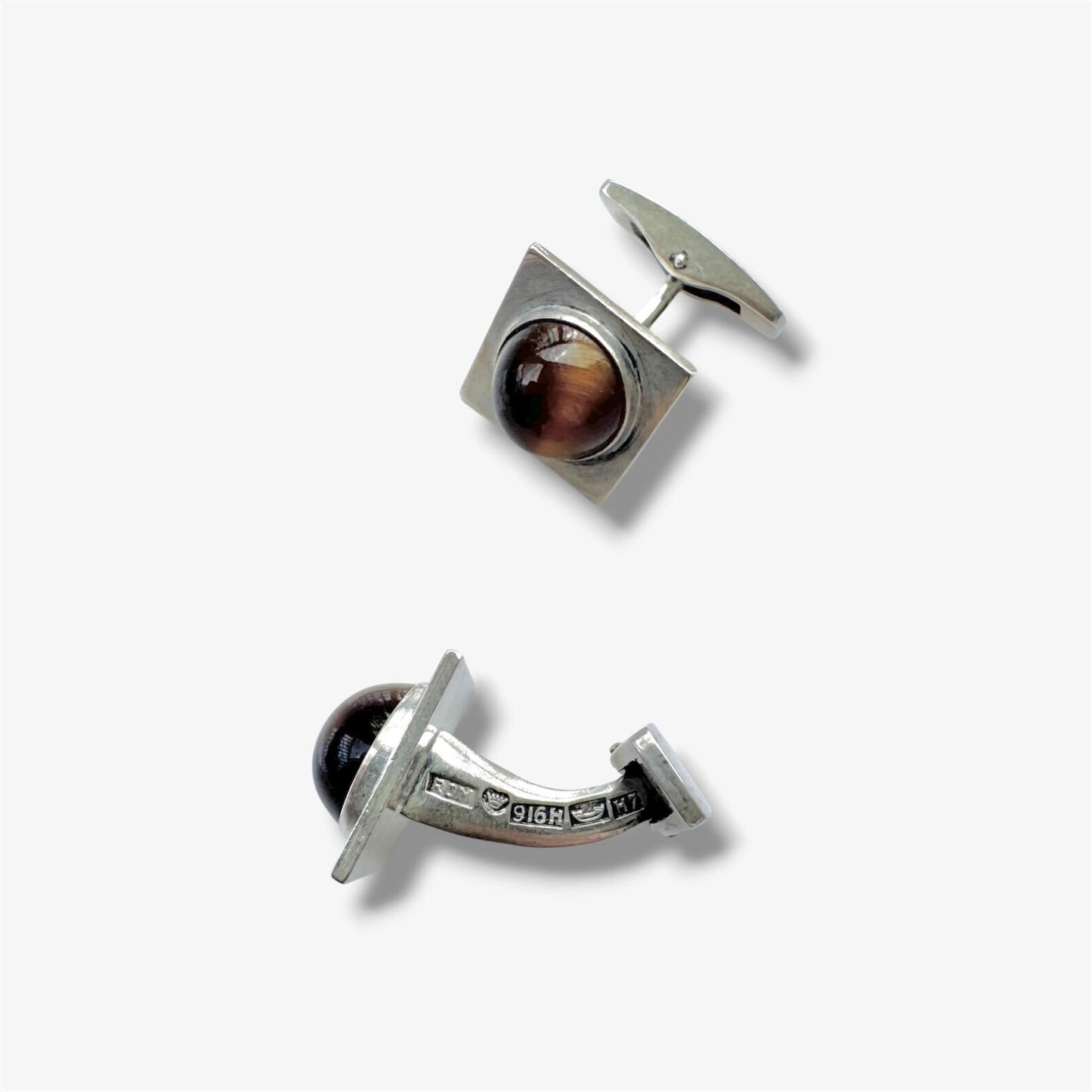 Kalevala Vintage Modernist Sterling Silver Cufflinks with Tiger Eye Stones by Rauno Mättö Oma, 1961