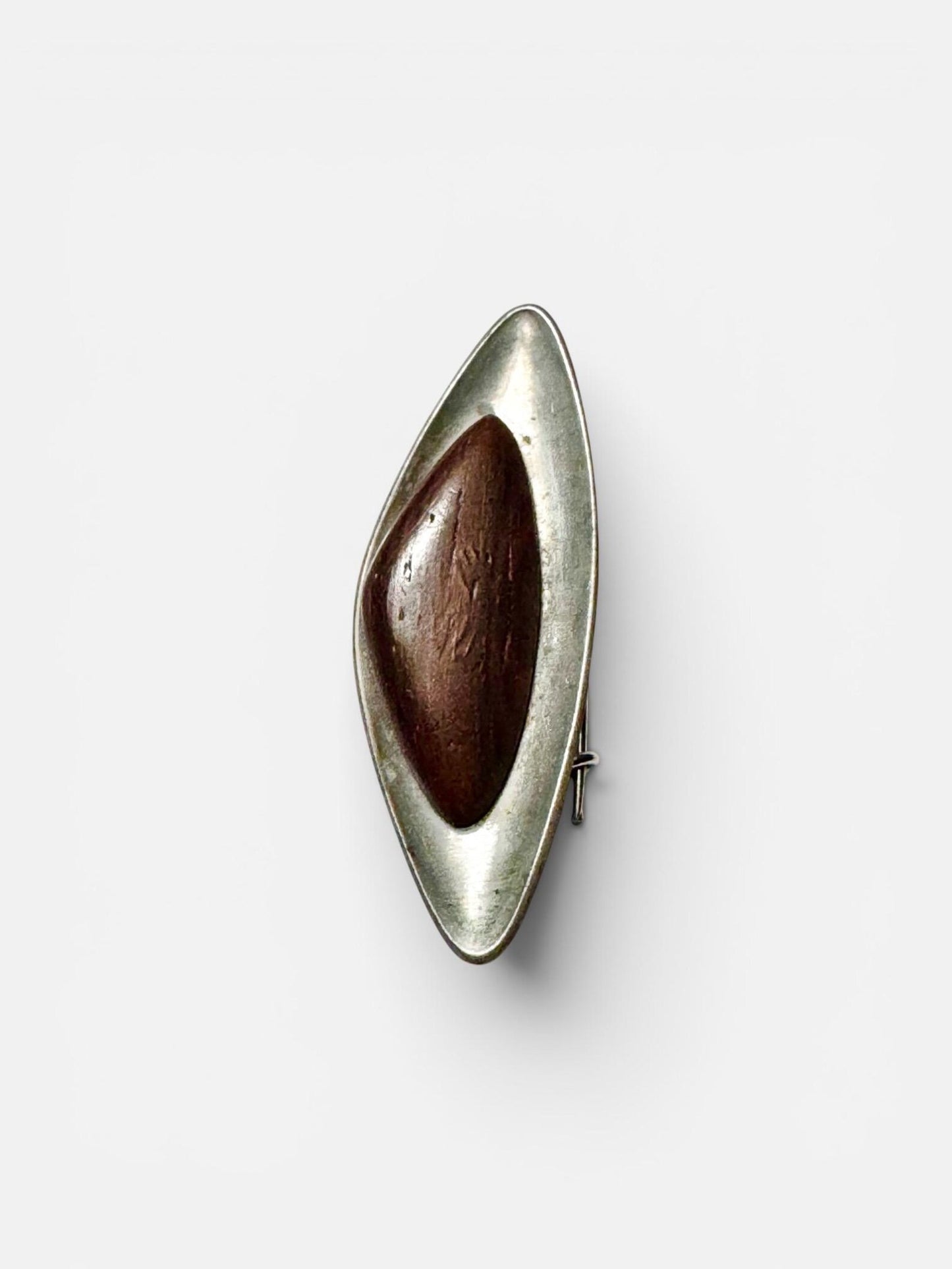 V. Hlindman Handmade Hardwood & Metal Brooch, 1950s — Signed, Made in Finland