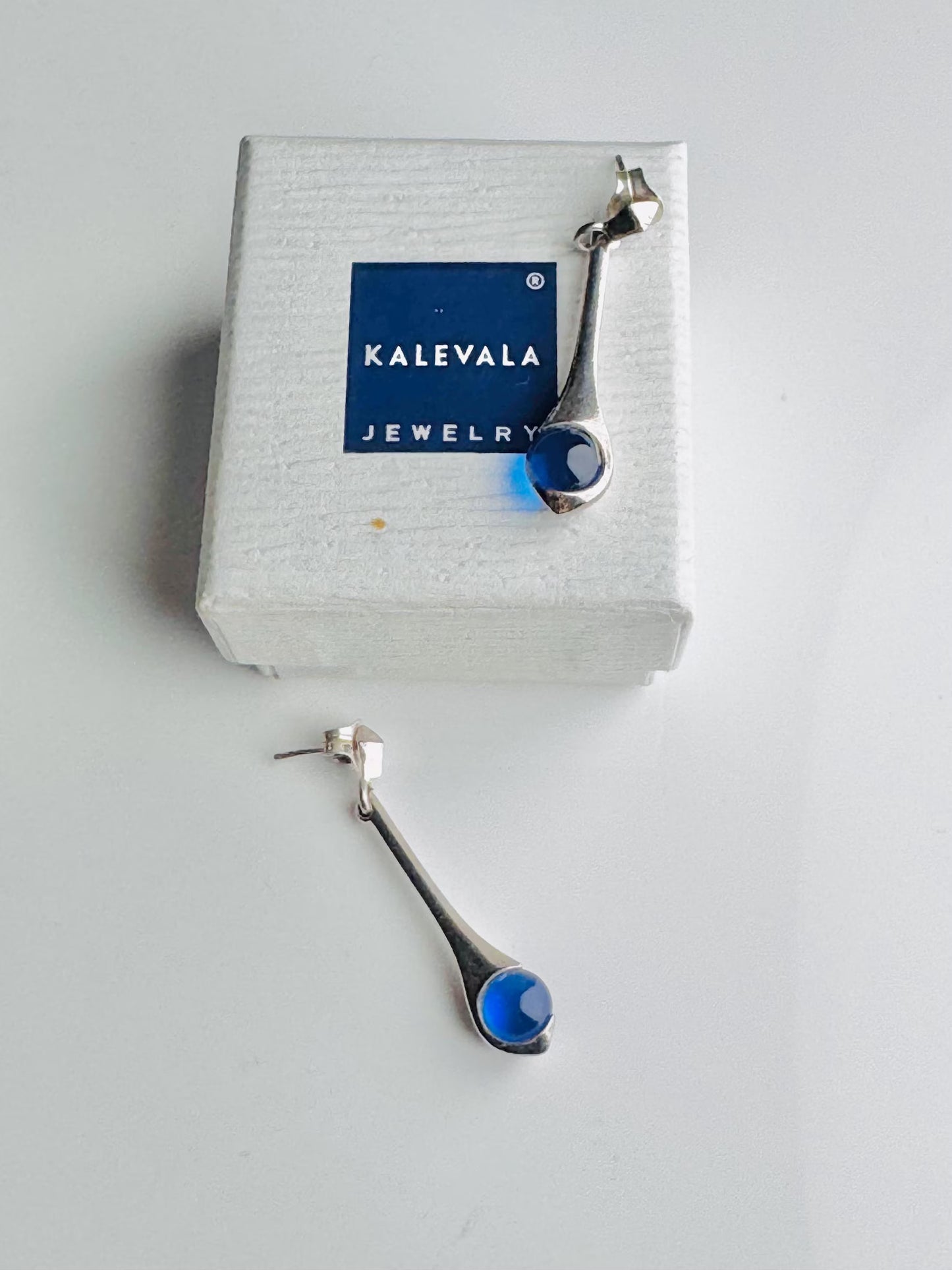 Kalevala Koru "Meri Dangle" Sterling Silver & Blue Quartz Earrings, 1960s — Original Box, Made in Finland