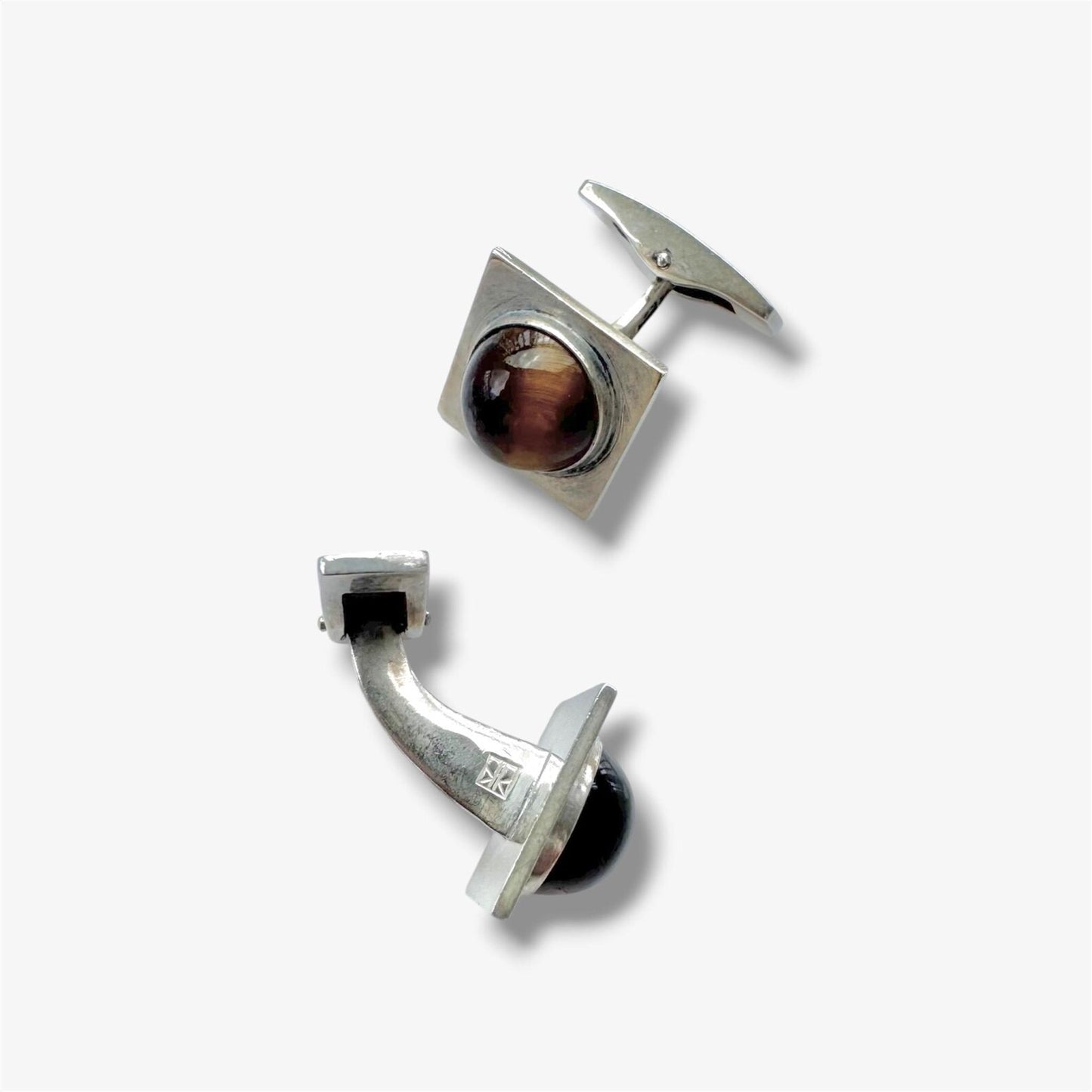 Kalevala Vintage Modernist Sterling Silver Cufflinks with Tiger Eye Stones by Rauno Mättö Oma, 1961