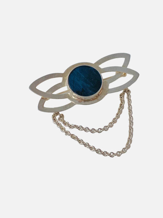 Vintage modernist silver brooch with spectrolite by Kalevi Sara for Salovaara Made in Finland , 1986