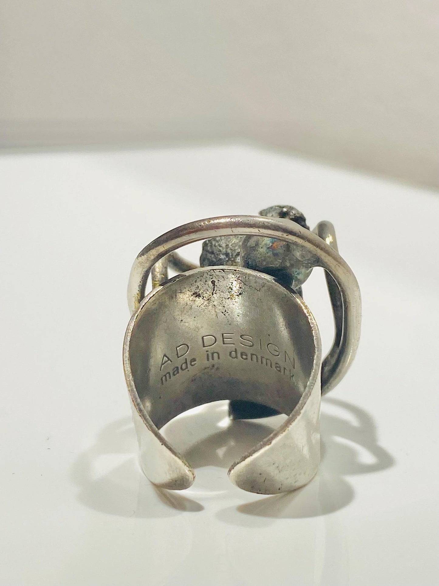 A special Modernist Big Vintage Brutalist Ring by A D Design Denmark with raw Amethyst, 1970s , Made in Denmark