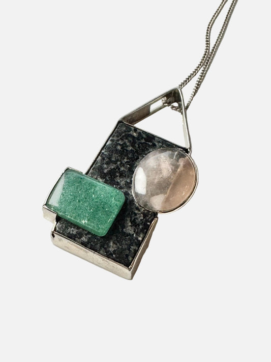 A absolutely sculpted Modernist Finnish Sterling silver&stones pendant in 1988, Made in Finland